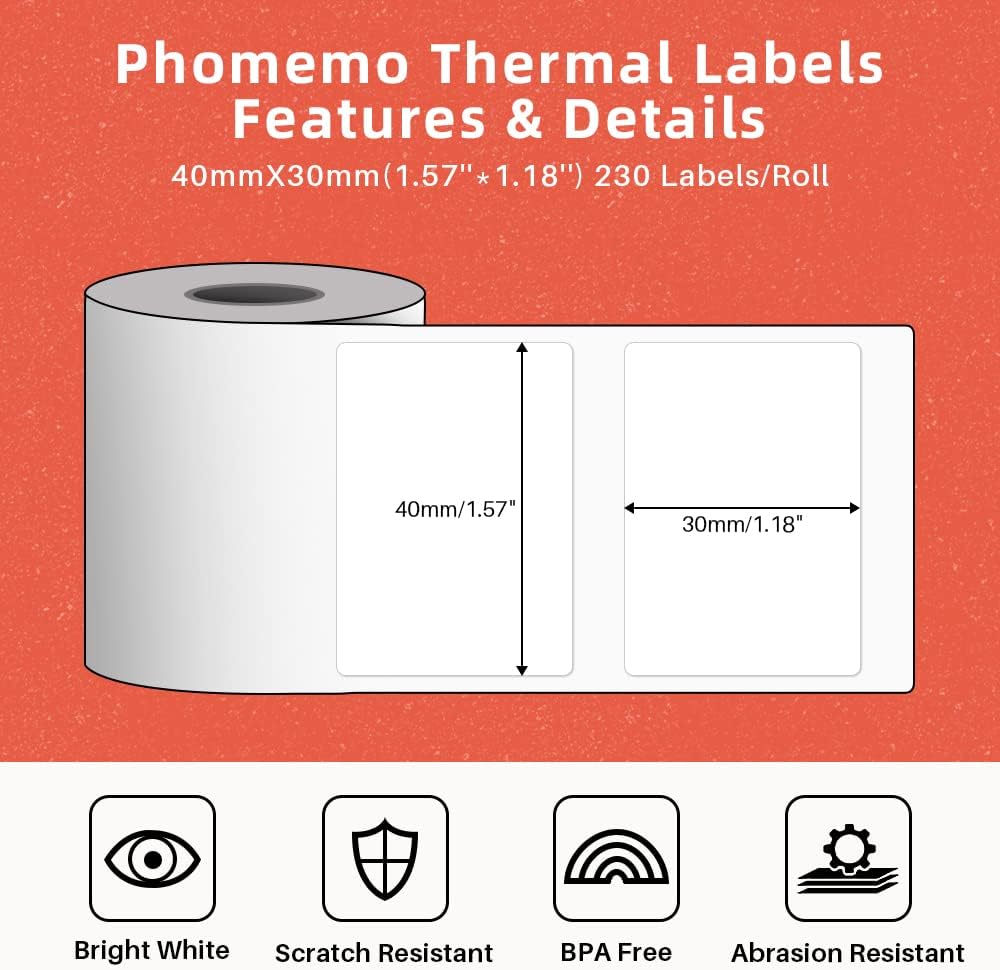 Phomemo 3 Rolls M120/M110/M200/M220/241BT Thermal Paper 1.57'' x 1.18''(40x30mm)، ملصقات الباركود متعددة الأغراض/FNSKU/FBA، 230Labels/Roll، أسود على أبيض