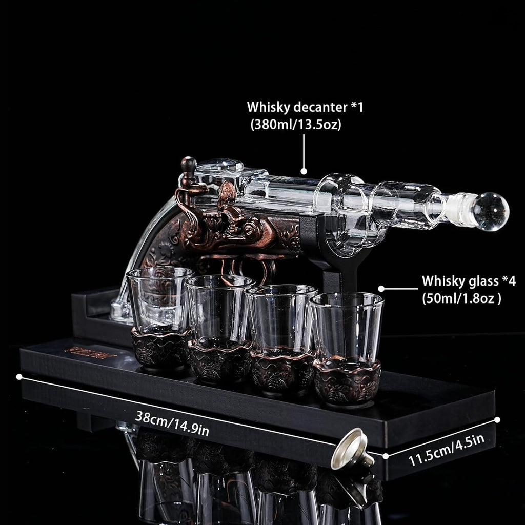 مجموعة Gun Whisky Decanter مع 4 نظارات طلقة، هدايا رائعة وفريدة من نوعها للرجال Dad Boyfriends، Liquor Gun Decanter Set إضافة رائعة إلى Home Bar، Gun Liquor Dispenser Fun Conversation Starter