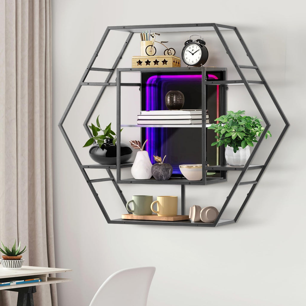 أرفف ألعاب عائمة من FUSLITE مزودة بمرايا لا متناهية وإضاءة LED، ورف جداري سداسي الشكل مزود بإضاءة LED مع تحكم عبر تطبيق RGB، ورف عرض كبير بحجم 36.6 بوصة لتزيين غرفة الألعاب، وعرض مجسمات الأكشن، والمقتنيات.