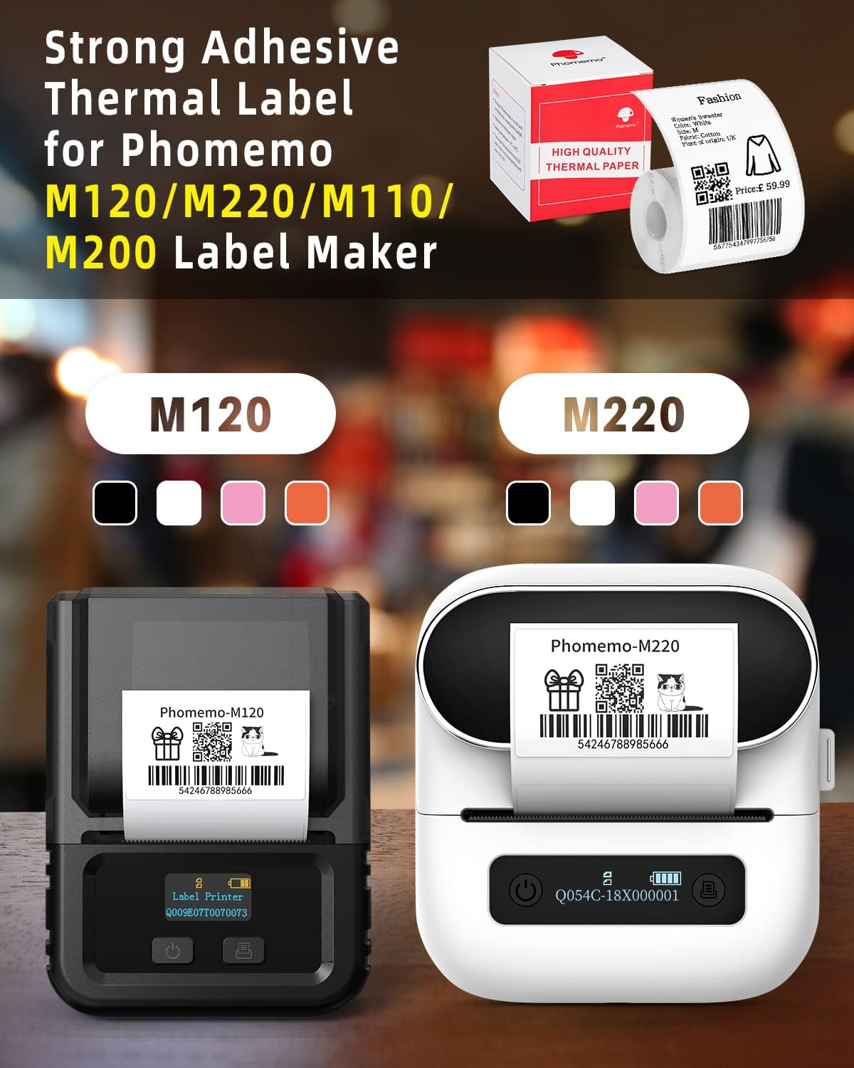 Phomemo 3 Rolls M120/M110/M200/M220/241BT Thermal Paper 1.57'' x 1.18''(40x30mm)، ملصقات الباركود متعددة الأغراض/FNSKU/FBA، 230Labels/Roll، أسود على أبيض