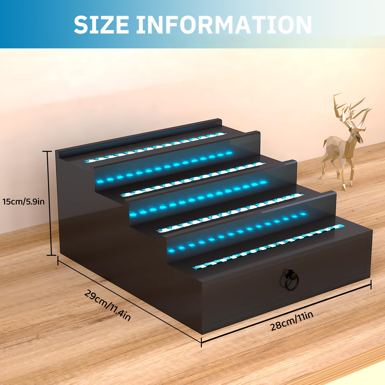منظم عطور وكولونيا رجالي بإضاءة LED RGB مع تحكم عبر تطبيق، ومزامنة إيقاع الموسيقى، ورف حامل للكولونيا، مصنوع من خشب أسود بأربعة أرفف، هدية مثالية للرجال، يتضمن محول طاقة 12 فولت للاستخدام الفوري