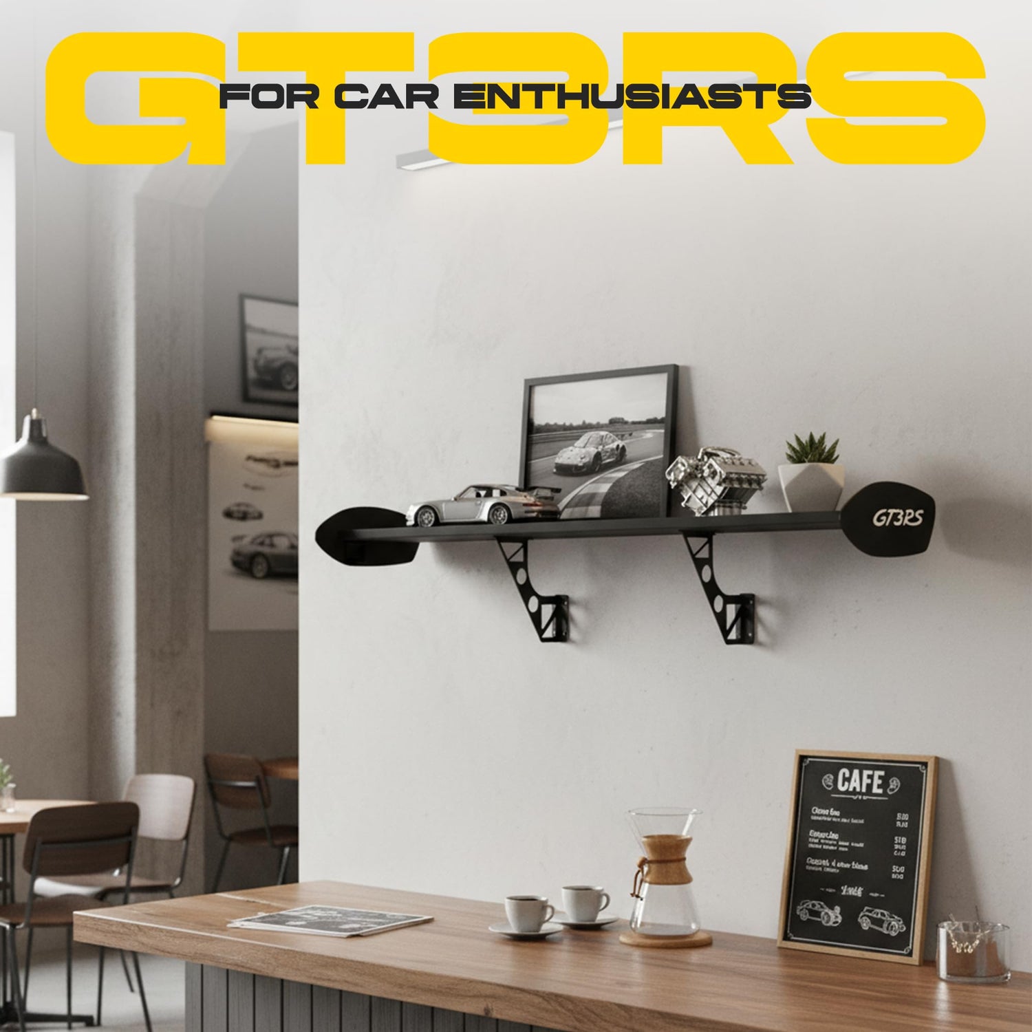 رف جداري GT3RS - رفوف للجراج وديكور لغرفة الألعاب لعشاق السيارات، رف عرض لتزيين غرفة الألعاب (أبيض على أسود)