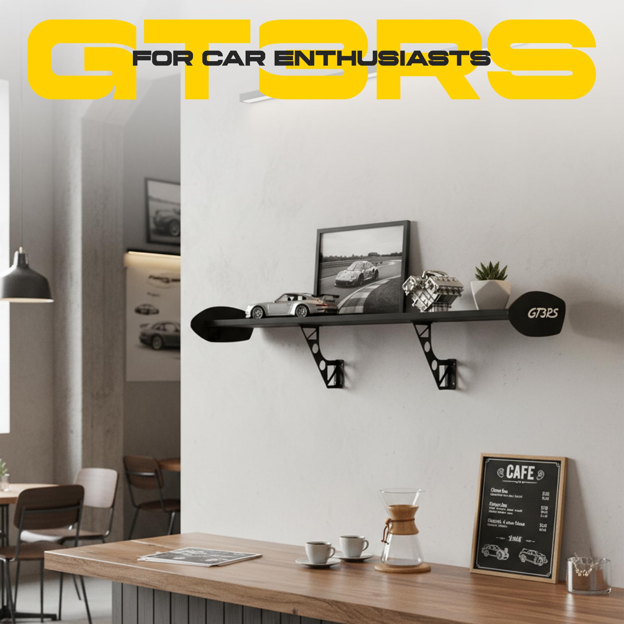 رف جداري GT3RS - رفوف للجراج وديكور لغرفة الألعاب لعشاق السيارات، رف عرض لتزيين غرفة الألعاب (أبيض على أسود)