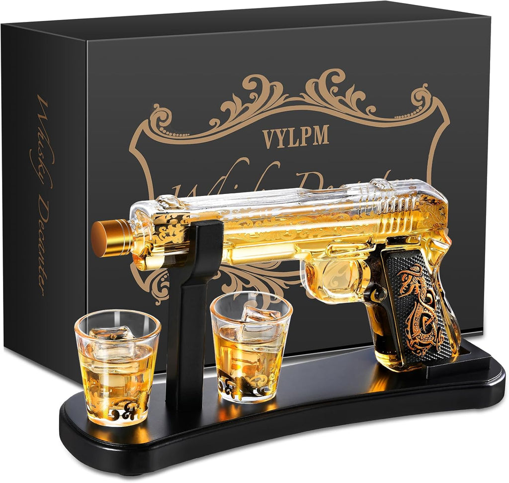 Handcrafted Gun Whiskey Decanter Set -Luxury Lead-Free Glass, Unique Non-Alcoholic Gift for Men, Husbands &Bourbon Lovers, Man Cave & Home Bar Decor with 2 Glasses by VYLPM