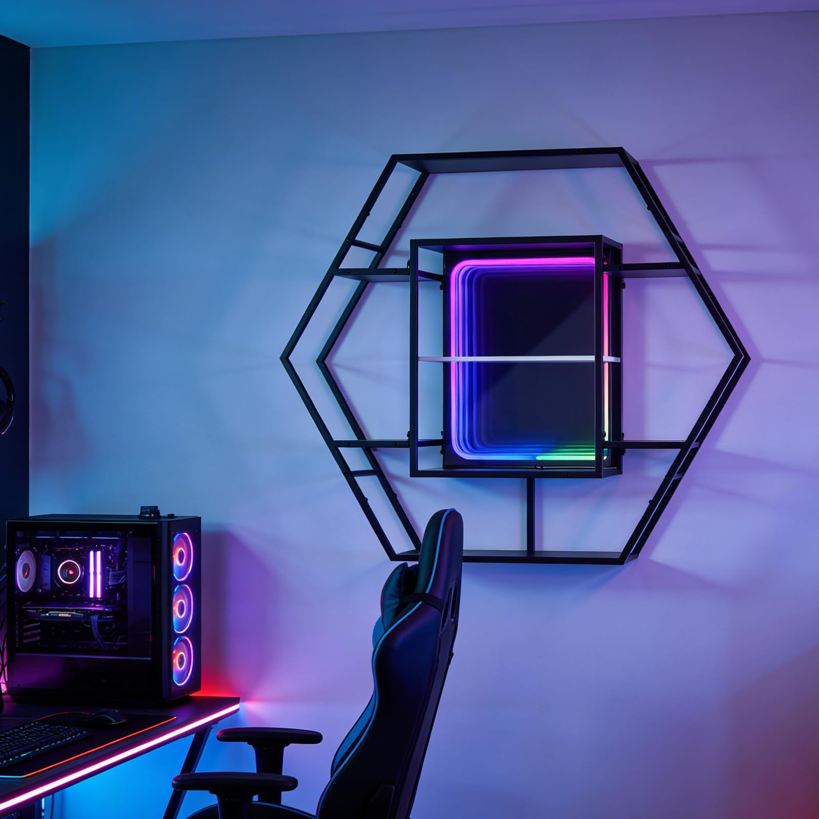 FUSLITE Infinity Mirror Gaming Floating Shelves with LED Lights, Hexagon Wall Mounted LED Shelf with RGB App Control, 36.6" Large Display Rack for Gaming Room Decor, Action Figures, Collectibles