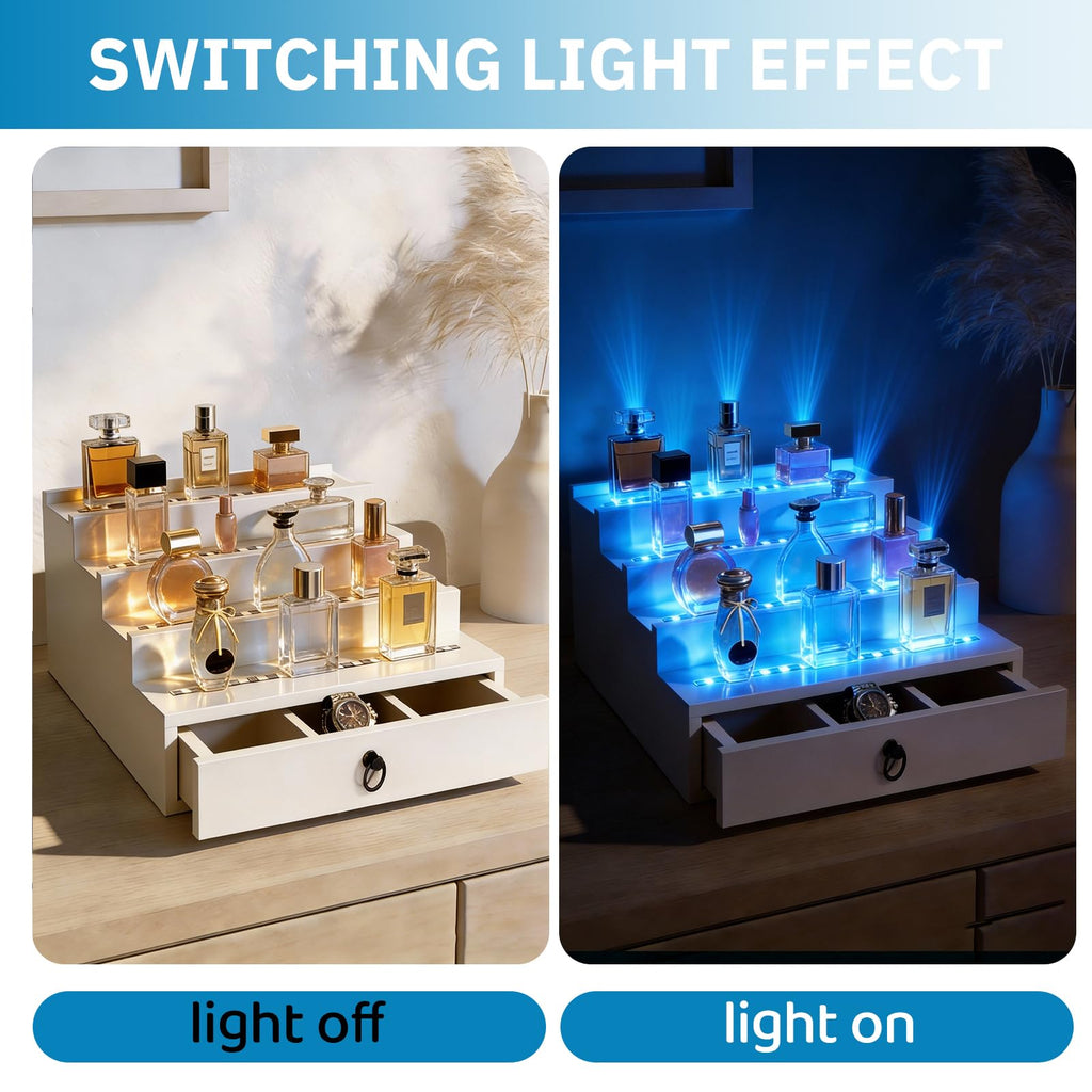 منظم عطور وكولونيا رجالي بإضاءة LED RGB مع تحكم عبر تطبيق، ومزامنة إيقاع الموسيقى، ورف حامل للكولونيا، مصنوع من خشب أسود بأربعة أرفف، هدية مثالية للرجال، يتضمن محول طاقة 12 فولت للاستخدام الفوري