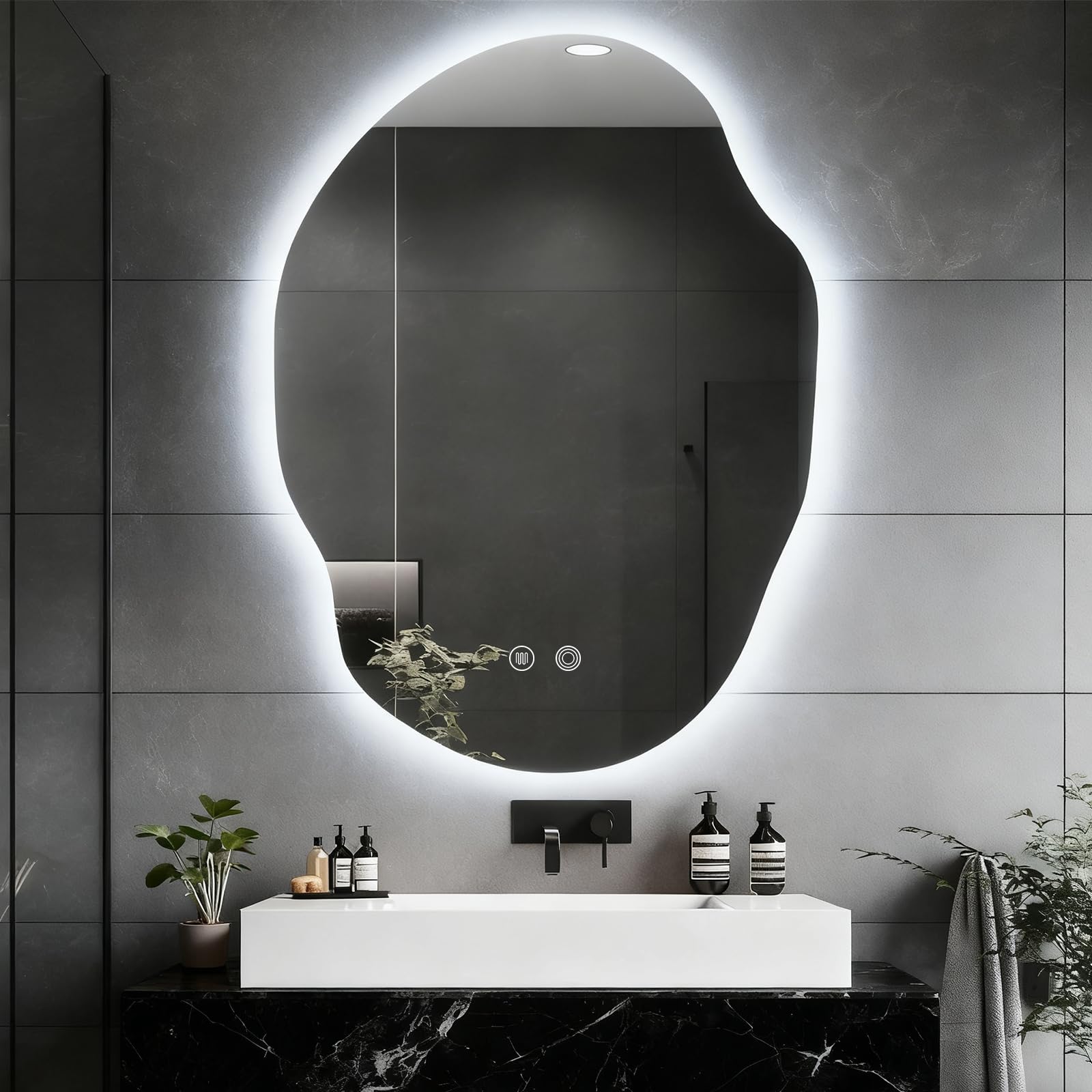PONYY Asymmetrical Bathroom Mirror with Lights,Irregular LED Bathroom Vanity Mirror with Backlit,Anti-Fog,3 Colors and Dimmable Light with Memory,Hardwired Supported[Horizontal/Vertical] 30" H x 22" W