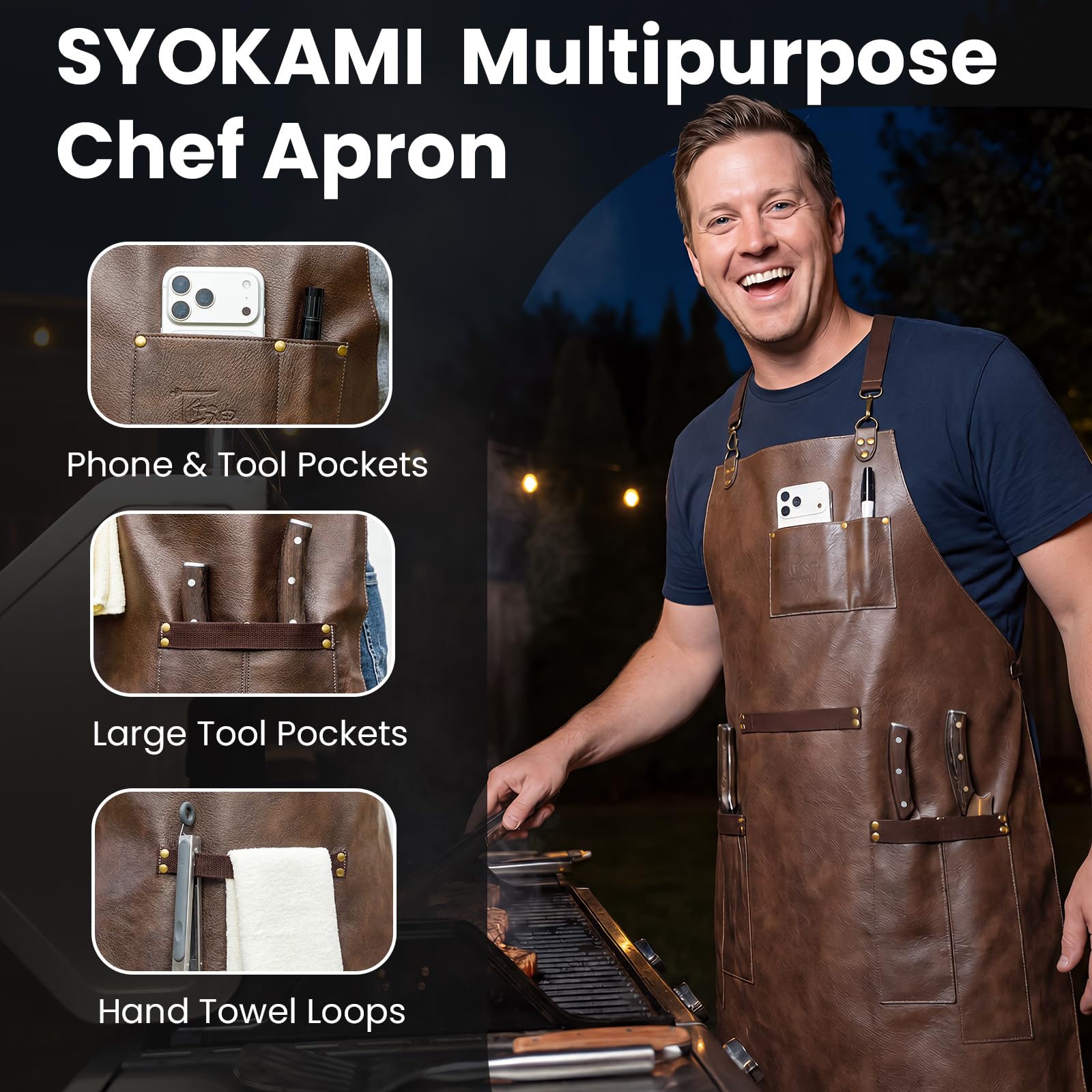مئزر طبخ الشيف الجلدي من SYOKAMI للرجال، مئزر ظهر متقاطع للراحة طوال اليوم، مئزر مقاوم للماء مع جيوب متعددة، رائع للمطبخ أو الحديقة أو الشواء أو عمل الجزار أو الحرف اليدوية، هدية مثالية