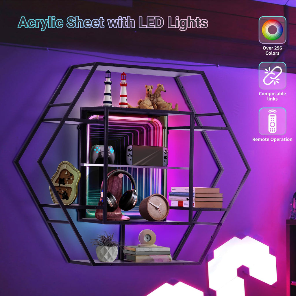 أرفف ألعاب عائمة من FUSLITE مزودة بمرايا لا متناهية وإضاءة LED، ورف جداري سداسي الشكل مزود بإضاءة LED مع تحكم عبر تطبيق RGB، ورف عرض كبير بحجم 36.6 بوصة لتزيين غرفة الألعاب، وعرض مجسمات الأكشن، والمقتنيات.