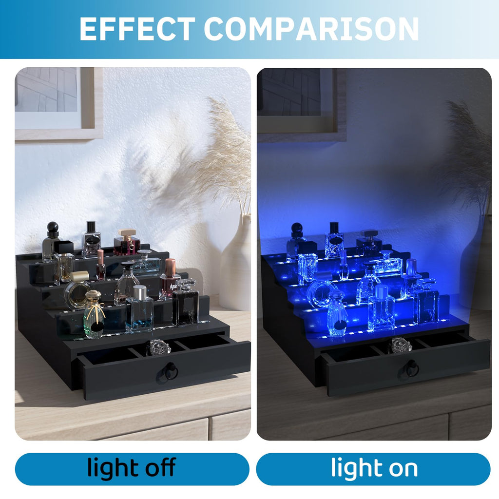 منظم عطور وكولونيا رجالي بإضاءة LED RGB مع تحكم عبر تطبيق، ومزامنة إيقاع الموسيقى، ورف حامل للكولونيا، مصنوع من خشب أسود بأربعة أرفف، هدية مثالية للرجال، يتضمن محول طاقة 12 فولت للاستخدام الفوري