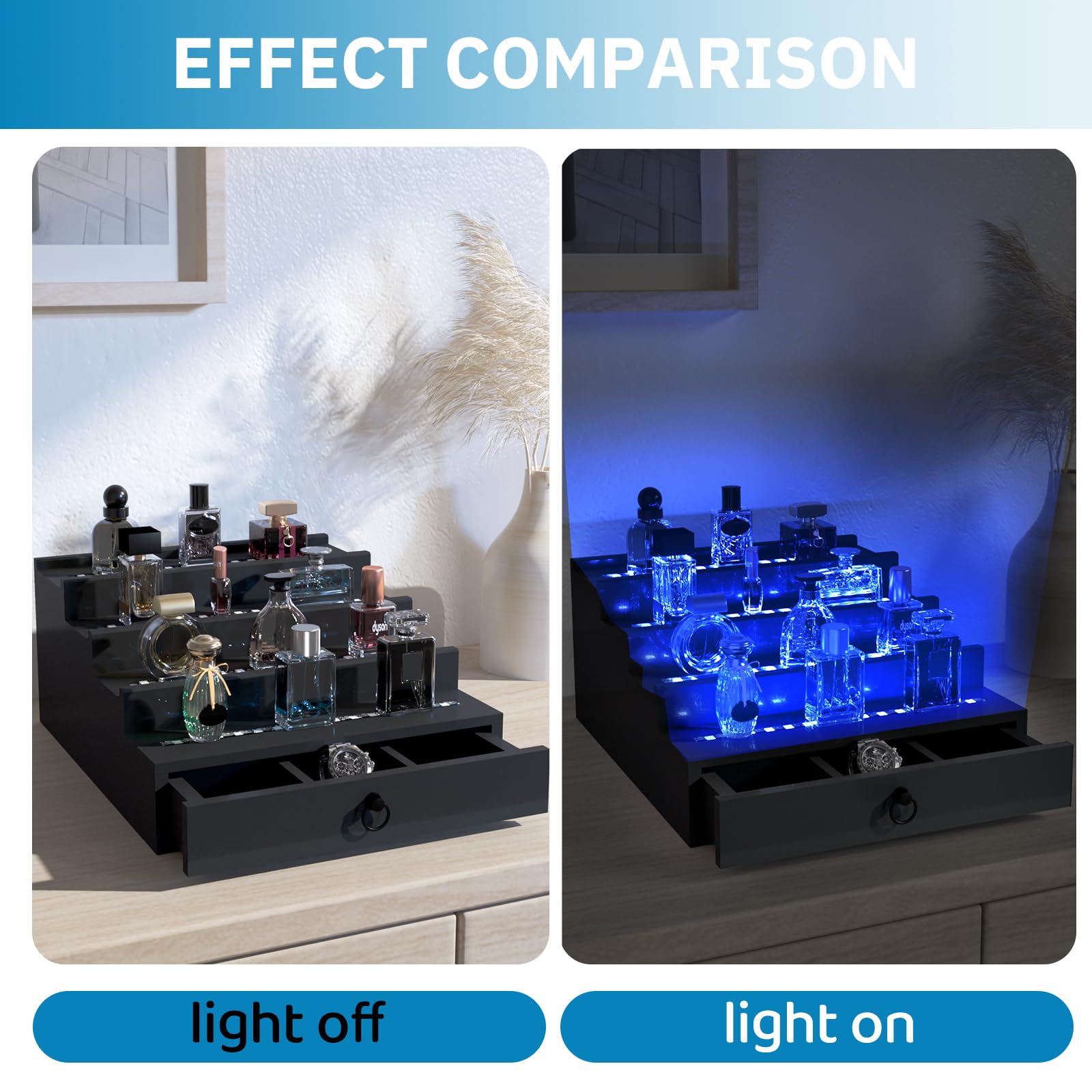 منظم عطور وكولونيا رجالي بإضاءة LED RGB مع تحكم عبر تطبيق، ومزامنة إيقاع الموسيقى، ورف حامل للكولونيا، مصنوع من خشب أسود بأربعة أرفف، هدية مثالية للرجال، يتضمن محول طاقة 12 فولت للاستخدام الفوري