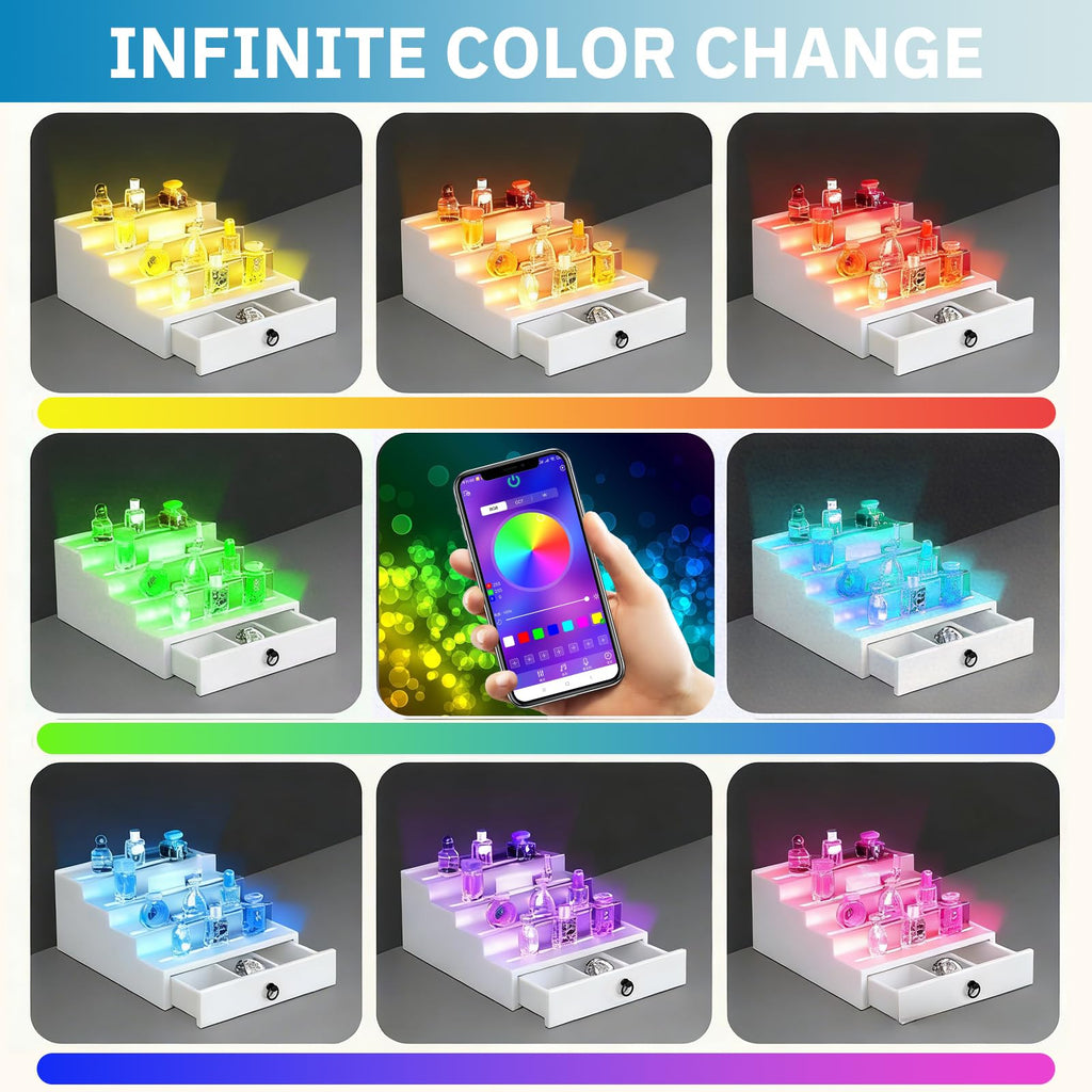 منظم عطور وكولونيا رجالي بإضاءة LED RGB مع تحكم عبر تطبيق، ومزامنة إيقاع الموسيقى، ورف حامل للكولونيا، مصنوع من خشب أسود بأربعة أرفف، هدية مثالية للرجال، يتضمن محول طاقة 12 فولت للاستخدام الفوري