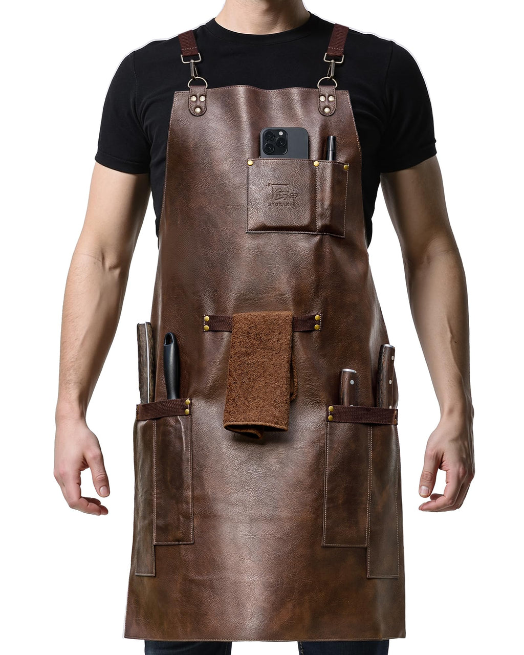 SYOKAMI Leather Chef Cooking Apron for Men, Cross Back Apron for All-Day Comfort, Waterproof Apron with Multiple Pockets, Great for Kitchen, Garden, BBQ, Butcher Work or Crafts, Ideal Gift