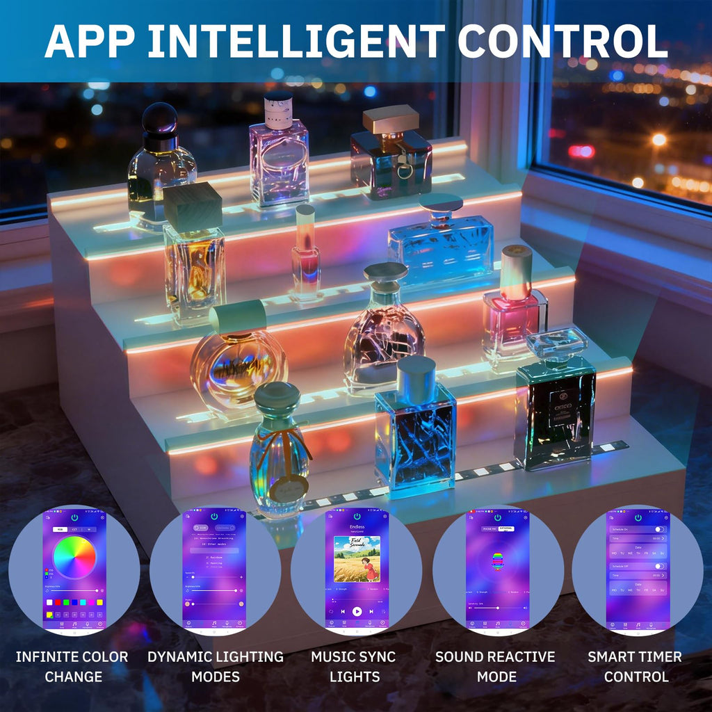 منظم عطور وكولونيا رجالي بإضاءة LED RGB مع تحكم عبر تطبيق، ومزامنة إيقاع الموسيقى، ورف حامل للكولونيا، مصنوع من خشب أسود بأربعة أرفف، هدية مثالية للرجال، يتضمن محول طاقة 12 فولت للاستخدام الفوري