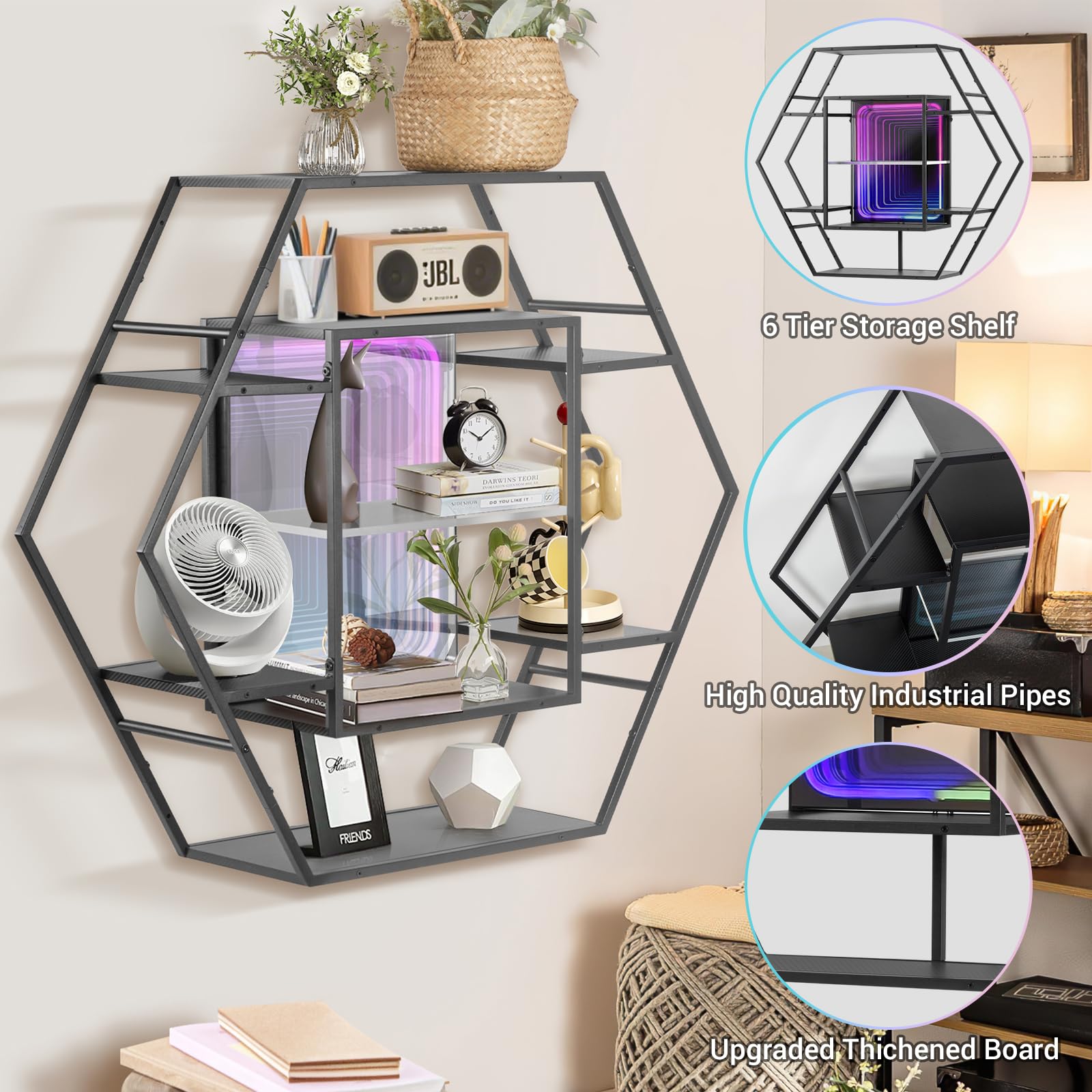 أرفف ألعاب عائمة من FUSLITE مزودة بمرايا لا متناهية وإضاءة LED، ورف جداري سداسي الشكل مزود بإضاءة LED مع تحكم عبر تطبيق RGB، ورف عرض كبير بحجم 36.6 بوصة لتزيين غرفة الألعاب، وعرض مجسمات الأكشن، والمقتنيات.