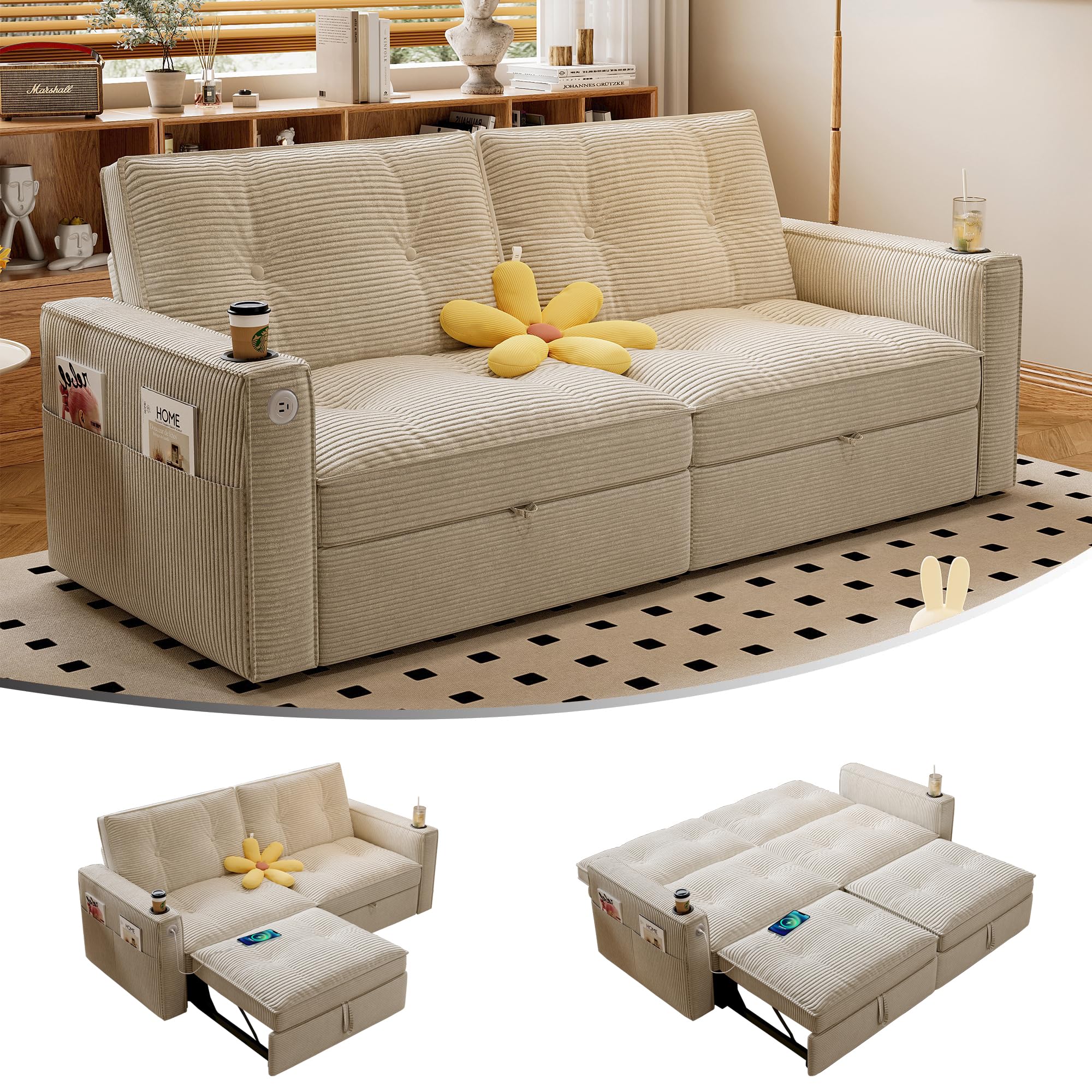 Zanbellium 73" Queen Size Sofa Bed, Loveseat Sleeper Sofa with Pull Out Bed, Pockets and USB, Corduroy Fabric 2 Seater Convertible Small Couch for Living Room Bedroom Apartment Beige