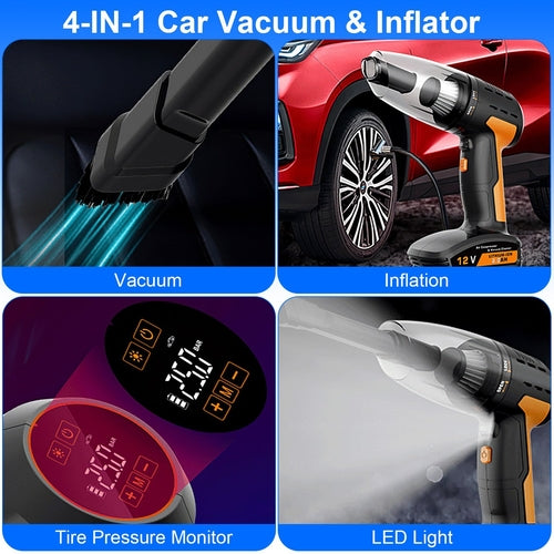1Pc 4 In 1 Cordless Car Vacuum Cleaner And Tire Inflator With LED